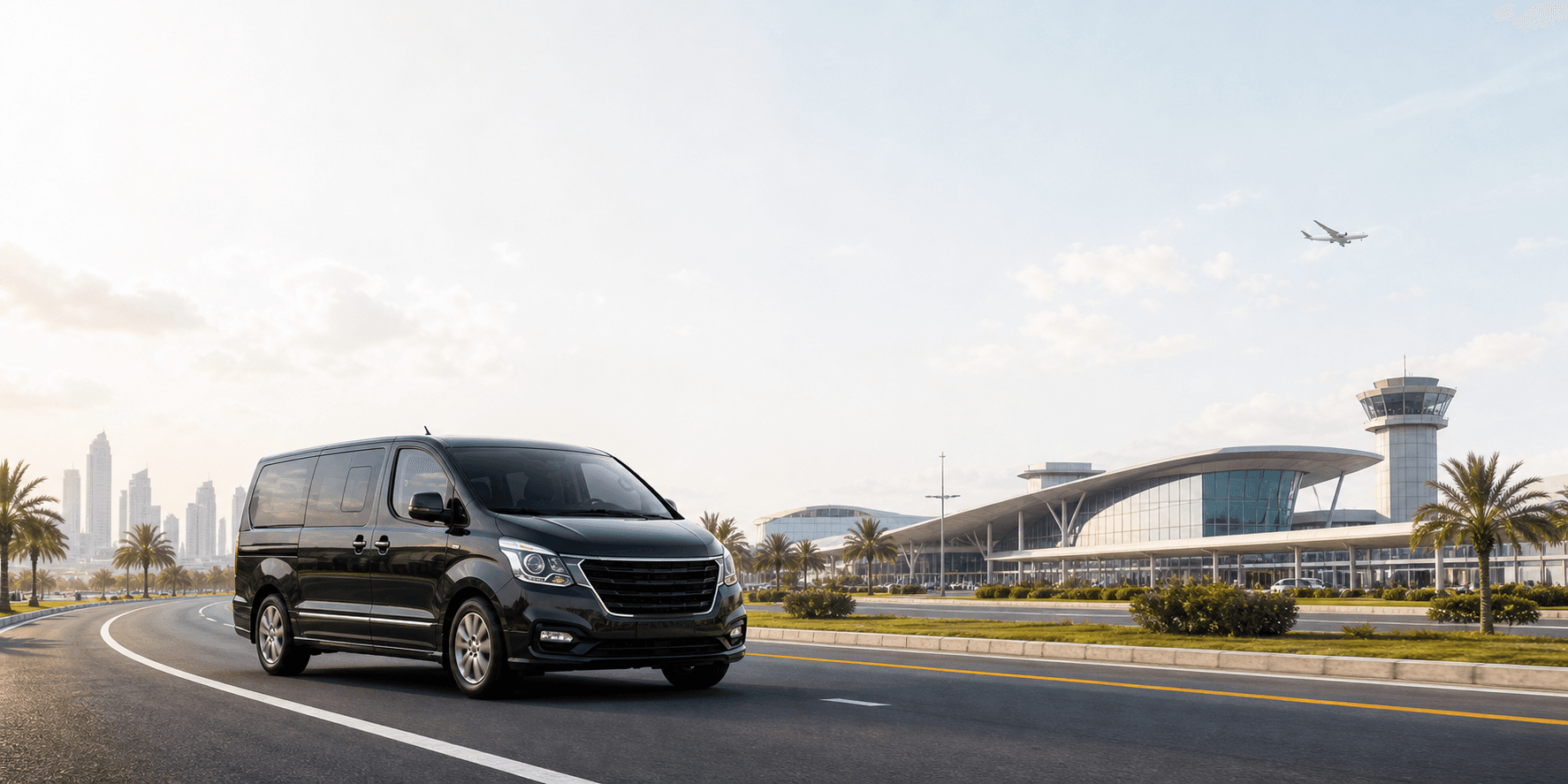 Airport transfer van approaching a modern terminal